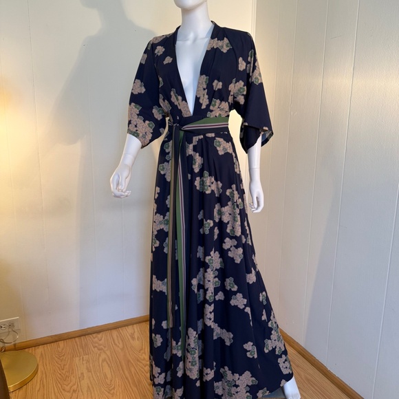 Wayward Fancies Pants - eShakti Wayward Fancies Floral kimono jumpsuit pockets navy green cream deep v